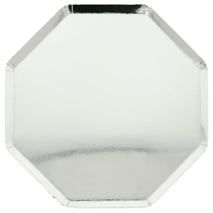 Octagonal shaped Meri Meri silver cocktail plates on a white background with a gloss finish.