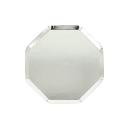 Octagonal shaped Meri Meri silver cocktail plates on a white background with a gloss finish.
