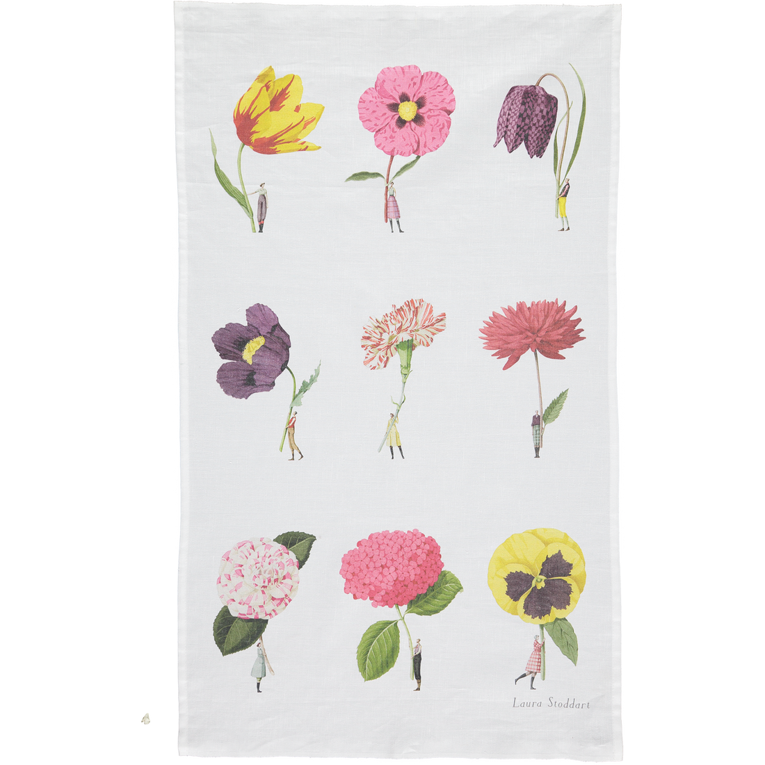 An In Bloom Multi Flower Tea Towel by Hester &amp; Cook, featuring high-quality cotton with botanical illustrations of a variety of flowers being held up by tiny people.