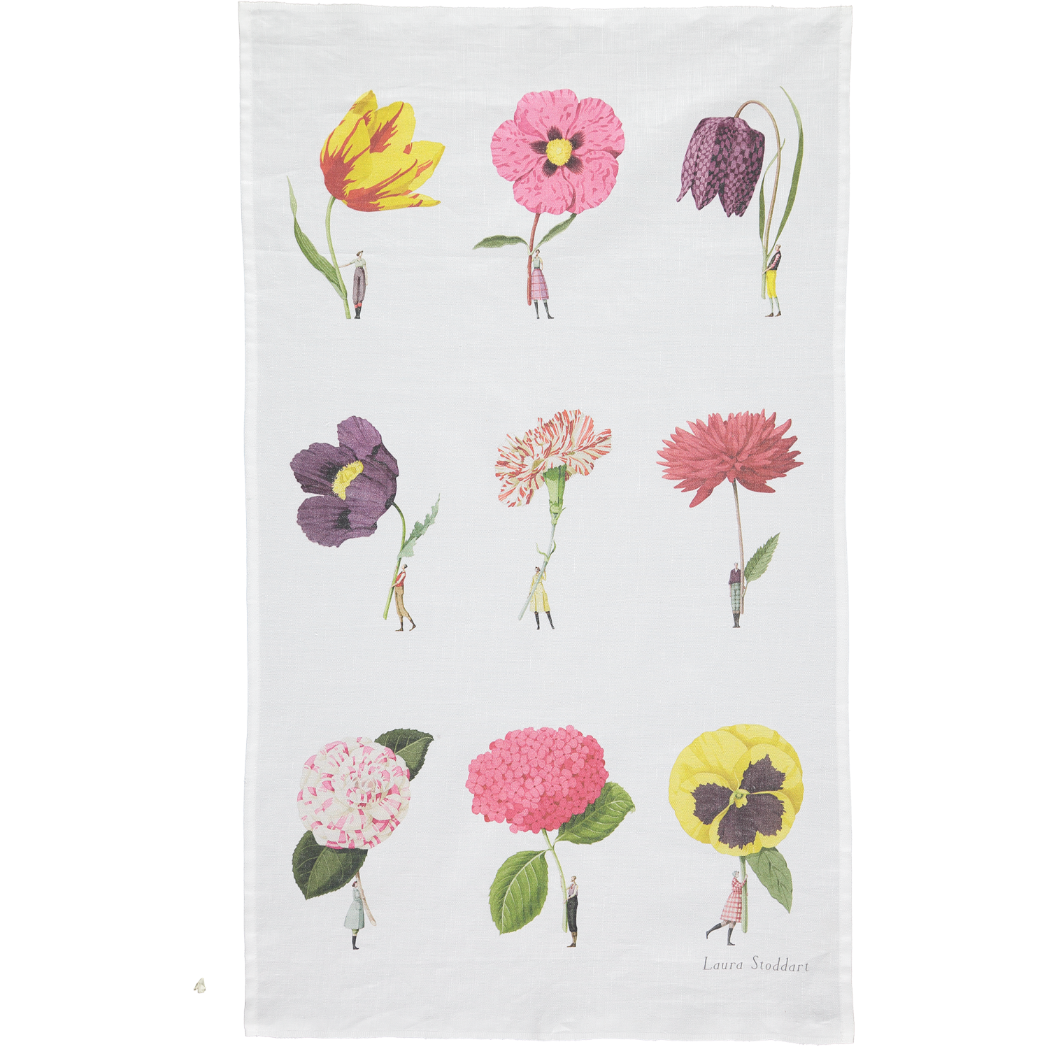 An In Bloom Multi Flower Tea Towel by Hester &amp; Cook, featuring high-quality cotton with botanical illustrations of a variety of flowers being held up by tiny people.