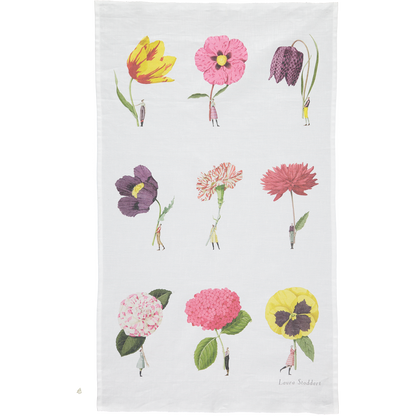 An In Bloom Multi Flower Tea Towel by Hester &amp; Cook, featuring high-quality cotton with botanical illustrations of a variety of flowers being held up by tiny people.