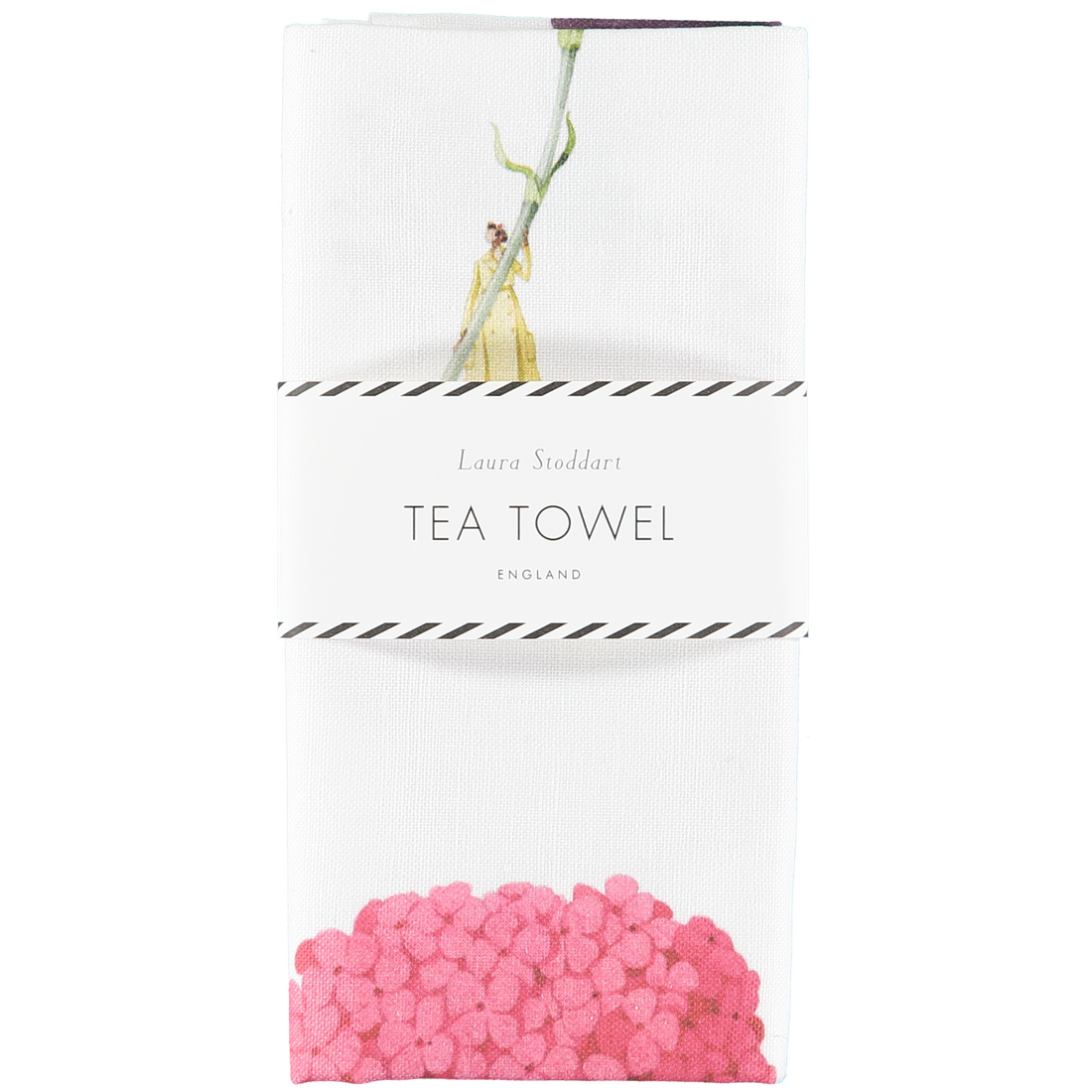 The Tea Towel in retail packaging, folded neatly and wrapped with a white paper belly band.