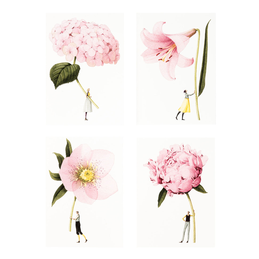 Four rectangular white Laura Stoddart Note Cards, each featuring a whimsical illustration of a small person holding a gigantic pink flower by the stem. 