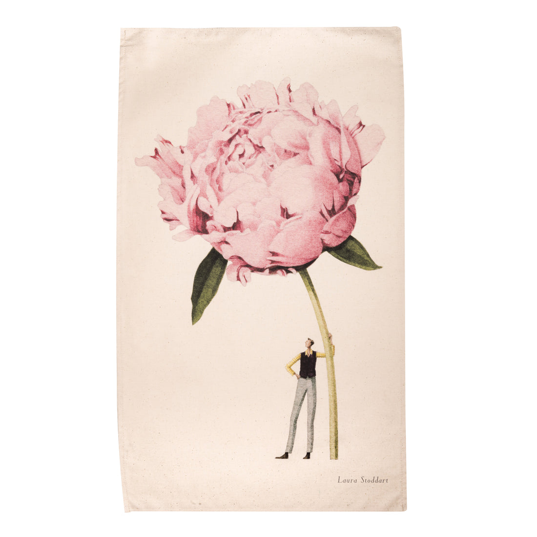 A white tea towel featuring a whimsical illustration of a small man holding a gigantic pink carnation by the stem. Art by Laura Stoddart. 