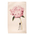 A white tea towel featuring a whimsical illustration of a small man holding a gigantic pink carnation by the stem. Art by Laura Stoddart. 