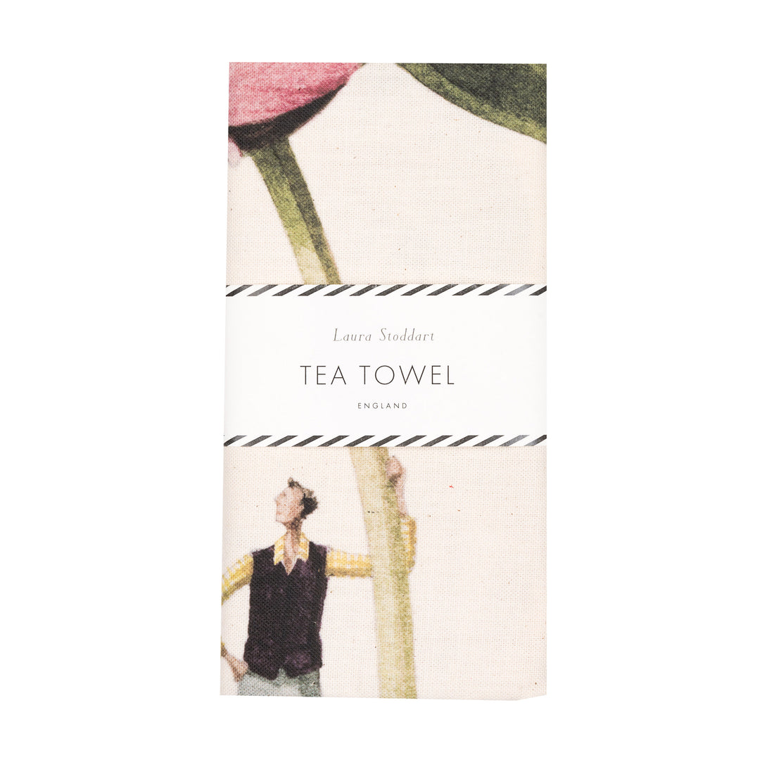 The In Bloom Pink Peony tea towel in retail packaging with a white belly band.