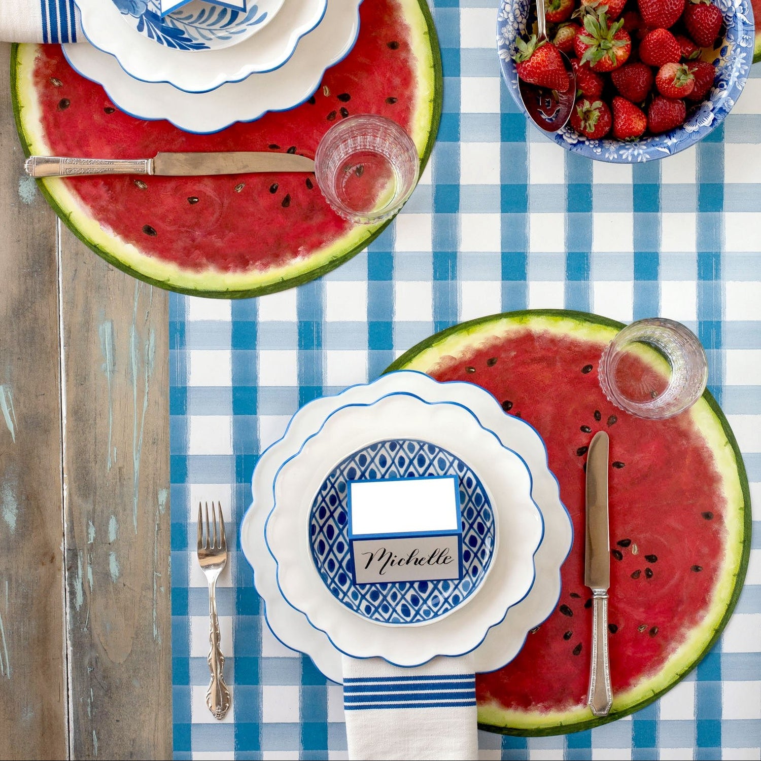 The Blue Painted Check Runner under an elegant summertime table setting, from above.