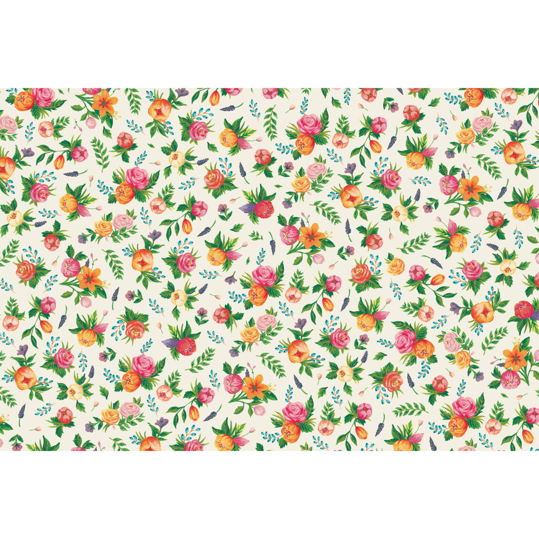 A pattern of small, illustrated pink and orange flowers and green leaves, scattered on a white background.