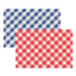 Two identical picnic table-inspired designs featuring a diagonal gingham pattern with floral accents, one blue and one red, both on a white background.