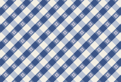 A picnic table-inspired design featuring a blue diagonal gingham pattern with floral accents on a white background, high-resolution.