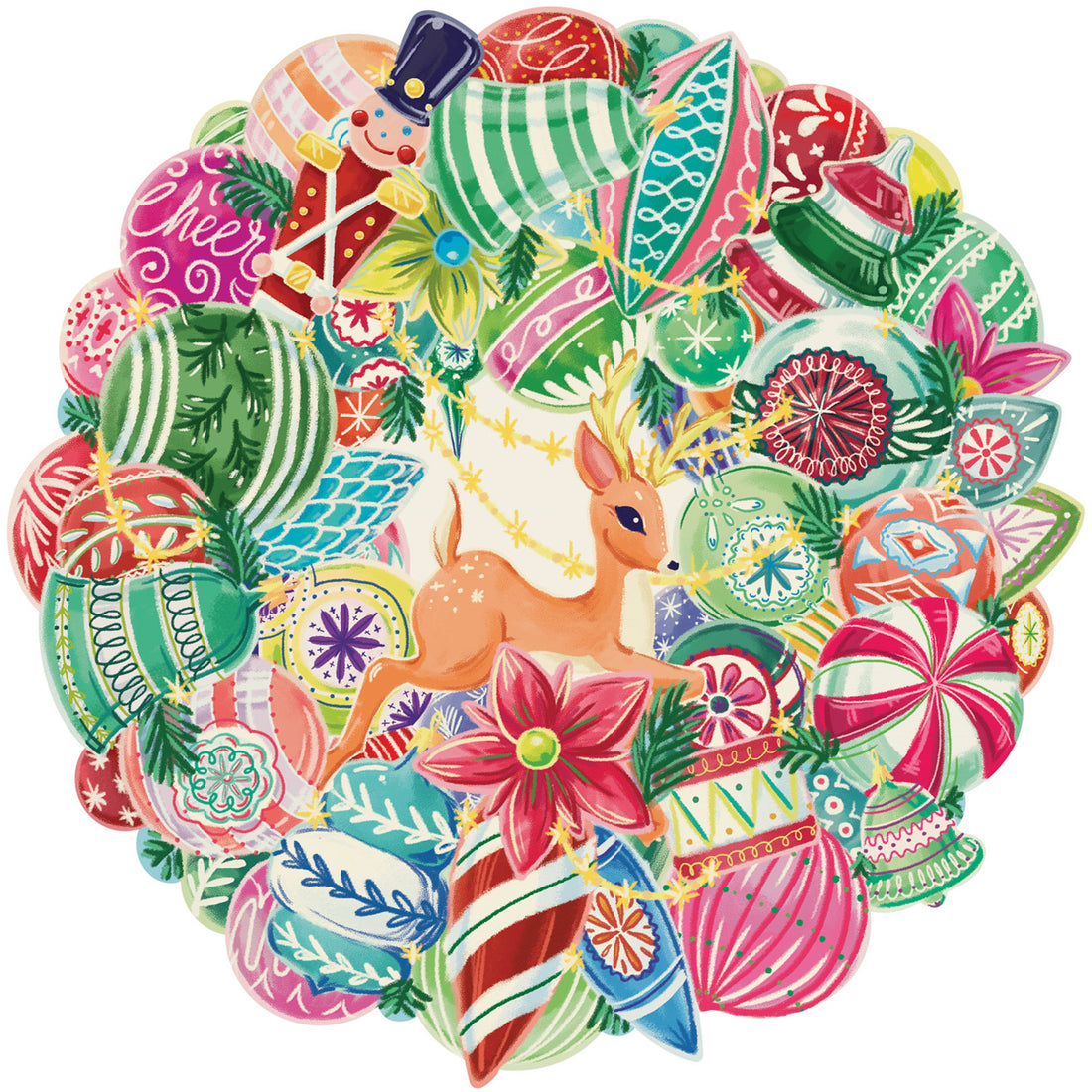 A round, die-cut illustrated wreath of vintage-style glass ornaments densely packed into a ring, with a cute reindeer in the center.