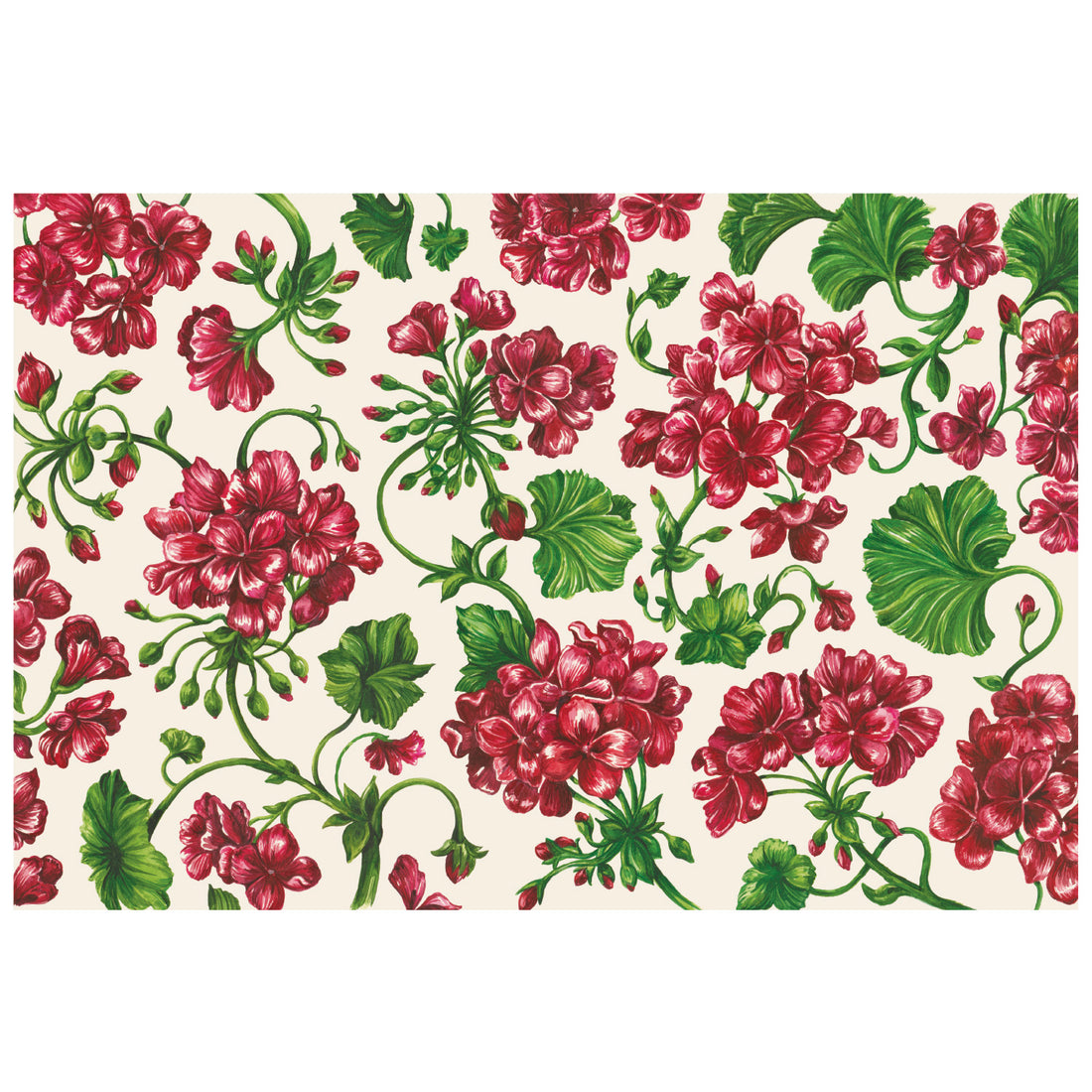 An illustrated scatter of deep red geranium blossoms with vibrant green foliage on a white background.