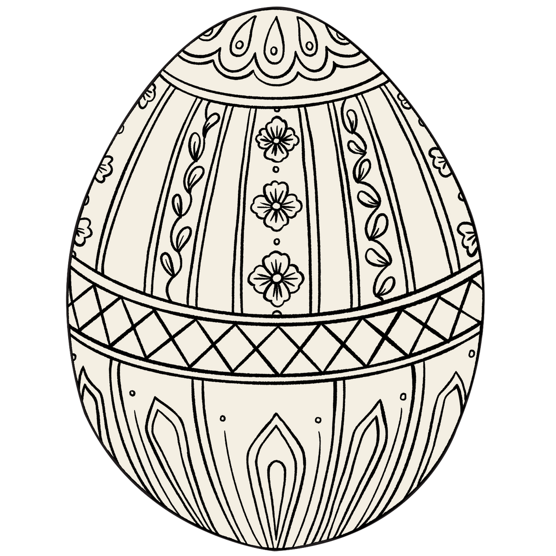 A coloring-book style line drawing of an ornate Easter egg.