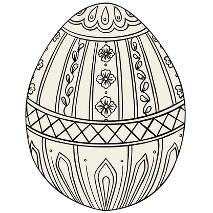 A coloring-book style line drawing of an ornate Easter egg.