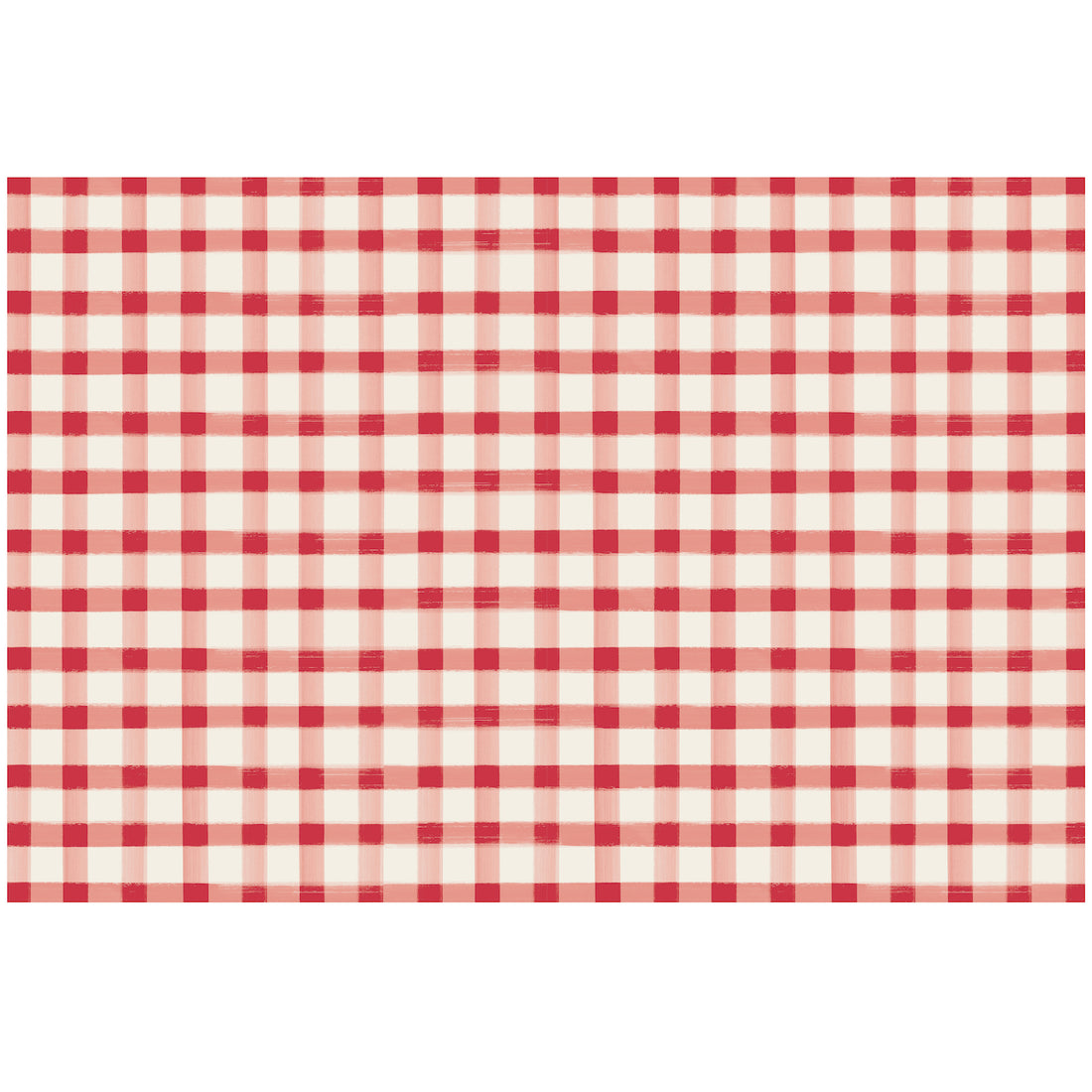 A painted gingham grid check pattern made of light red lines intersecting at deep red squares, on a white background.