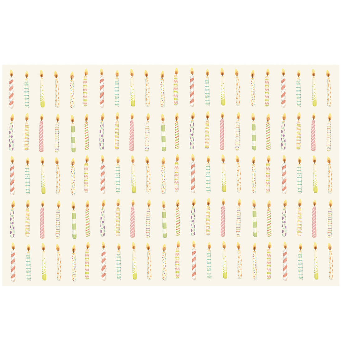 Five rows of illustrated, colorful lit birthday candles across a cream background.