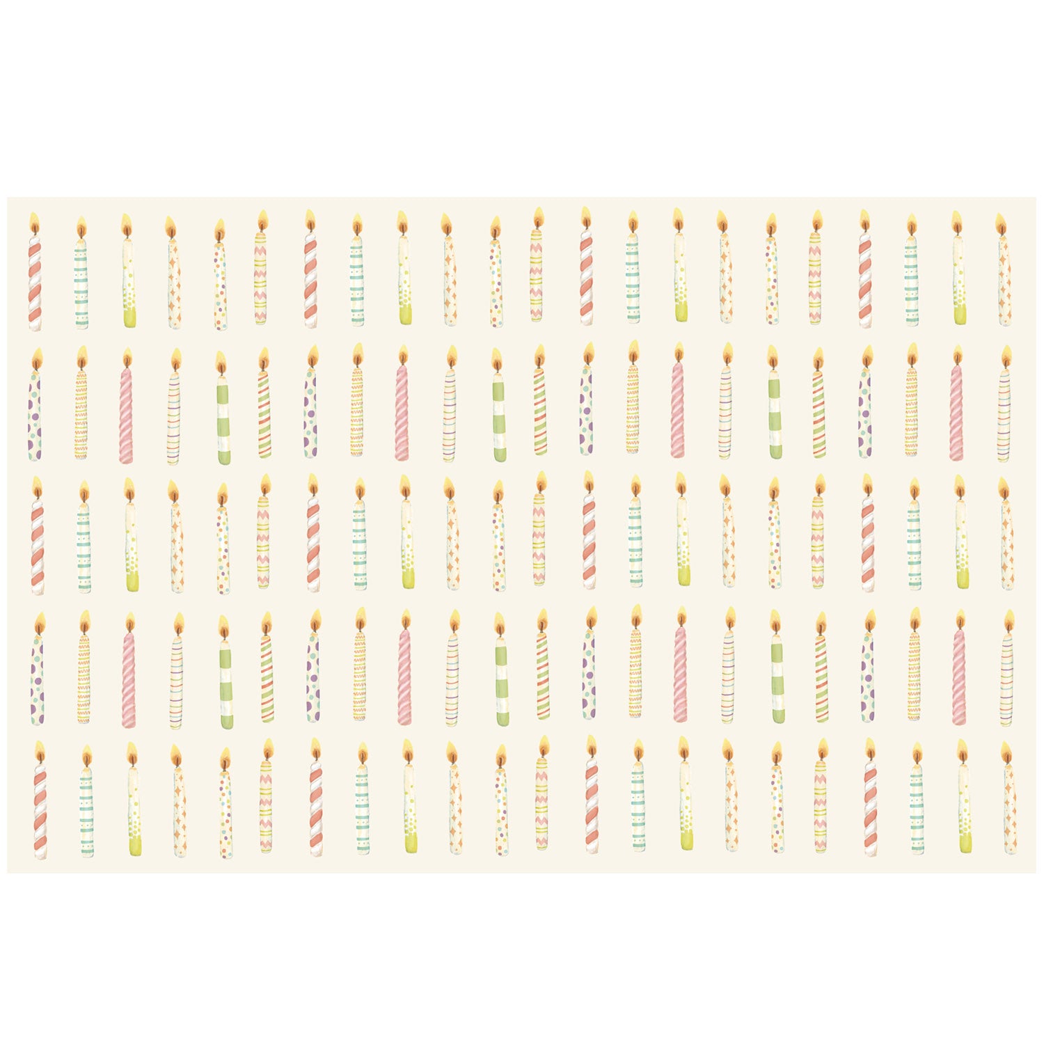 Five rows of illustrated, colorful lit birthday candles across a cream background.