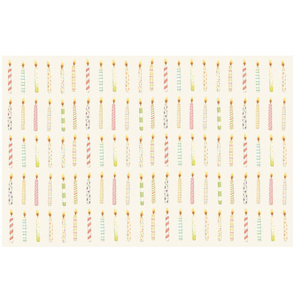 Five rows of illustrated, colorful lit birthday candles across a cream background.