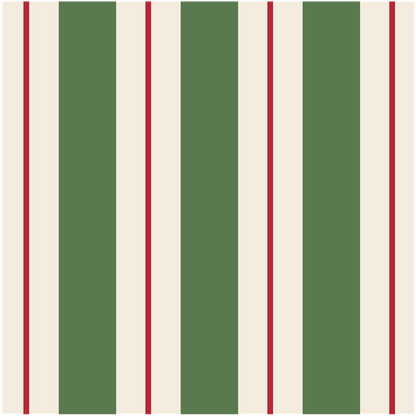 A square cocktail napkin featuring vertical dark green and white stripes, with a thin red line centered in each white stripe.