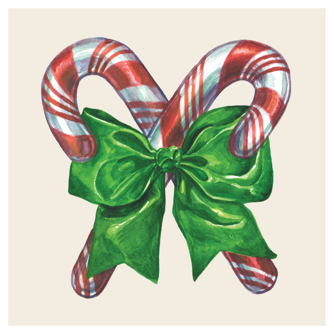 A square, cream cocktail napkin featuring two illustrated, red and white candy canes, crossed and tied with a green ribbon.