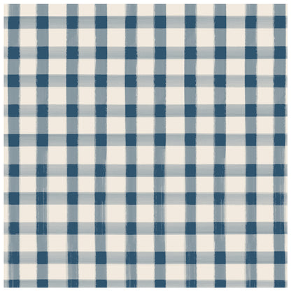 A square cocktail napkin featuring painted gingham grid check pattern made of light blue lines intersecting at blue squares, on a white background.