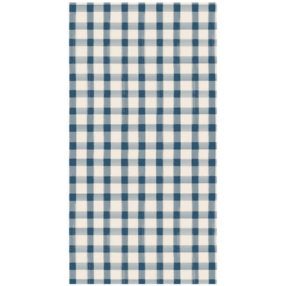 A rectangle guest napkin featuring painted gingham grid check pattern made of light blue lines intersecting at blue squares, on a white background.
