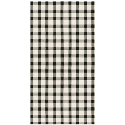 A rectangle guest napkin featuring a painted gingham grid check pattern made of gray lines intersecting at black squares, on a white background.