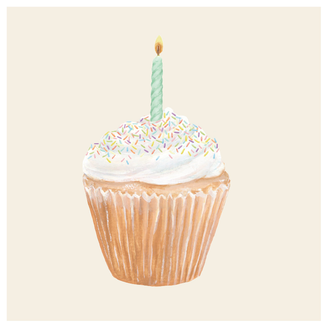 A square, cream-colored cocktail napkin featuring an illustrated cupcake with colorful sprinkles and a single lit candle.