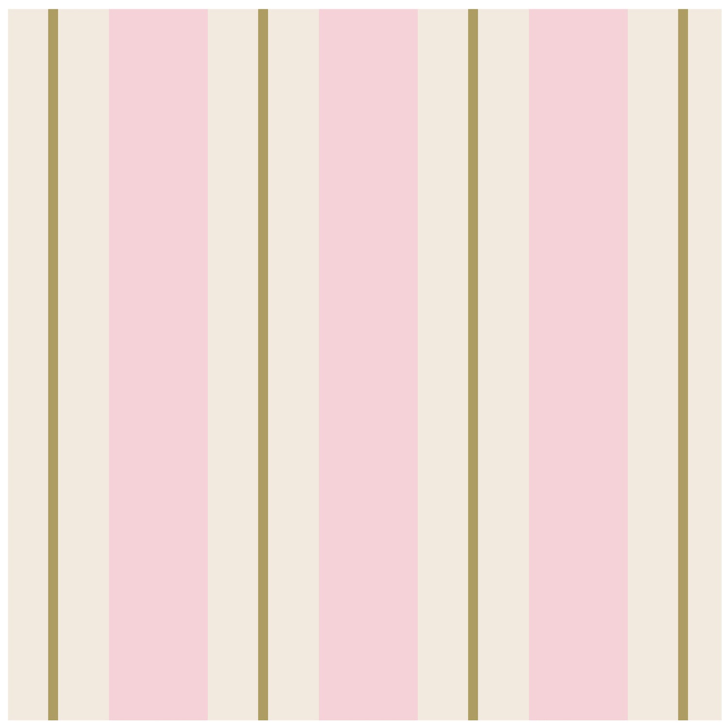 A square cocktail napkin featuring vertical pink and white stripes, with a gold line running down the center of each white stripe.