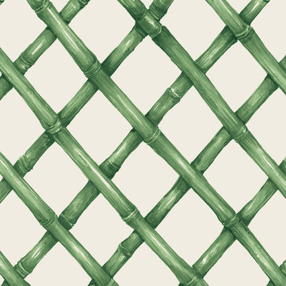 A diagonal woven bamboo pattern in monochrome green on a white background, on a square cocktail napkin.