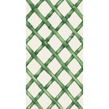 A diagonal woven bamboo pattern in monochrome green on a white background, on a rectangle guest napkin.
