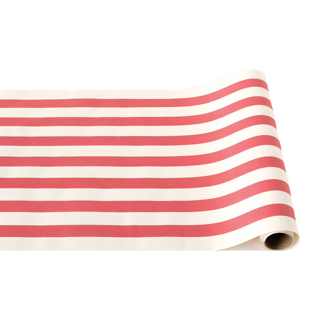 A paper roll with thick red and white stripes running down the length.