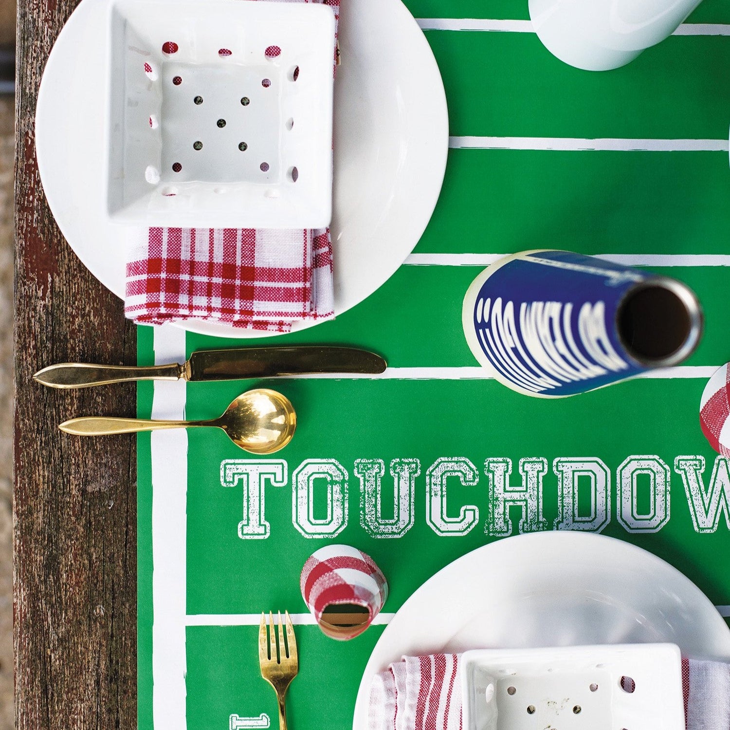 The Touchdown Runner under a sports-themed table setting, from above.