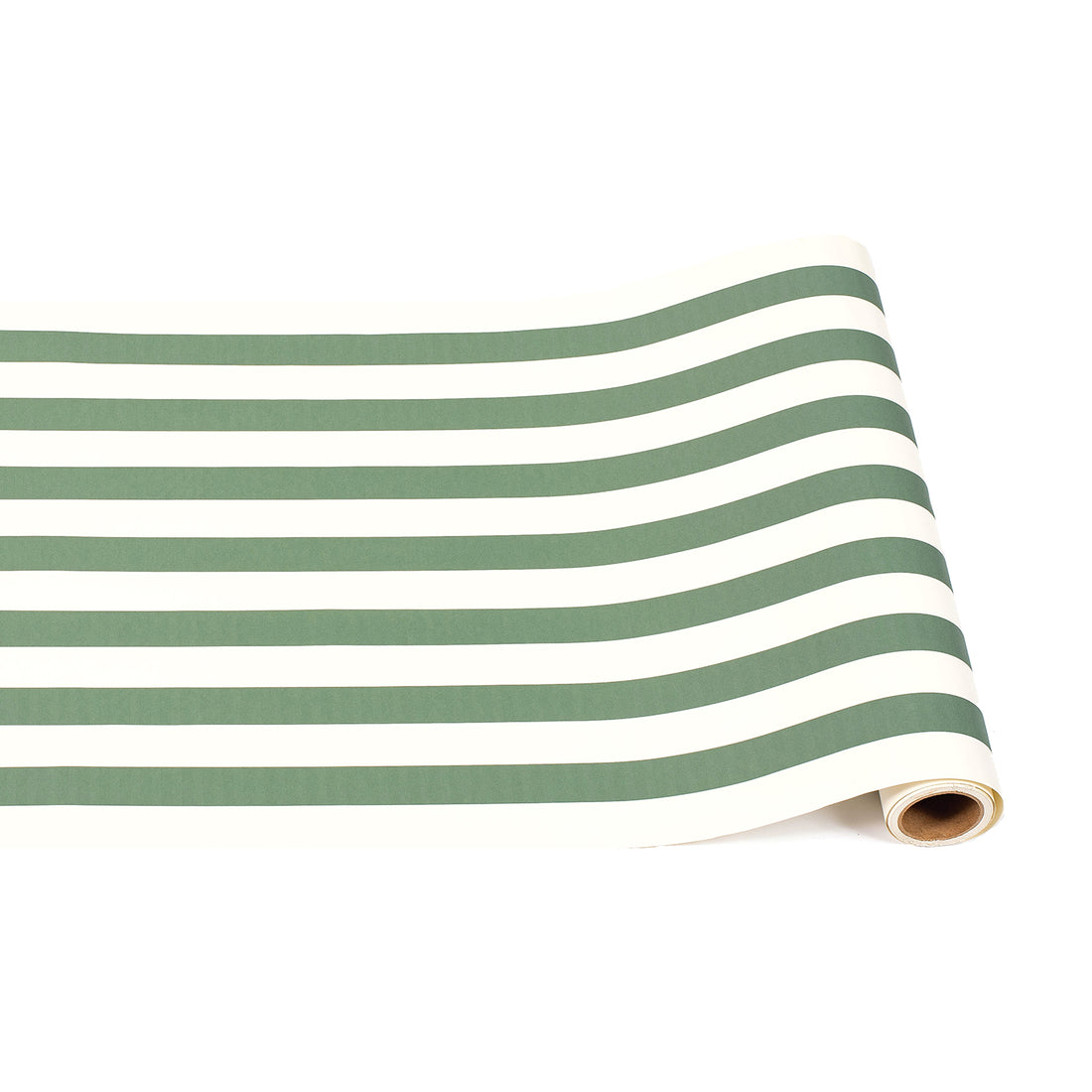 A paper roll with thick dark green and white stripes running down the length.