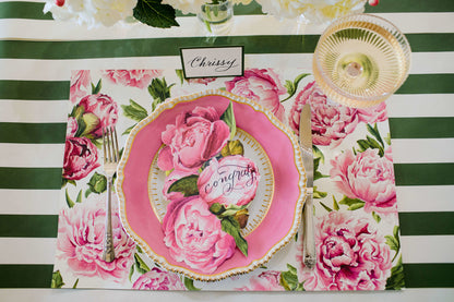 The Peonies In Bloom Placemat under an elegant table setting, from above.