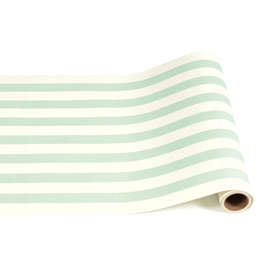 A paper roll with thick seafoam and white stripes running down the length.