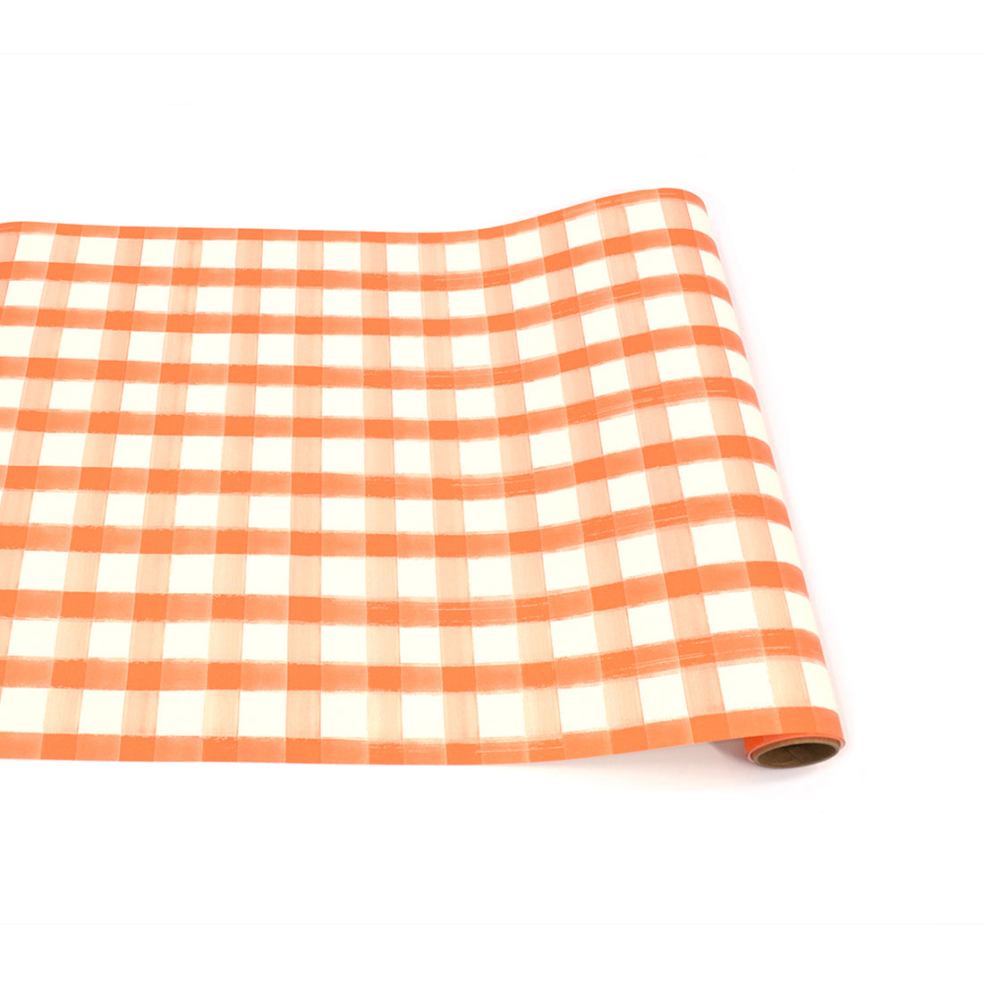 A painted gingham grid check pattern made of light orange lines intersecting at deep orange squares, on a white background.