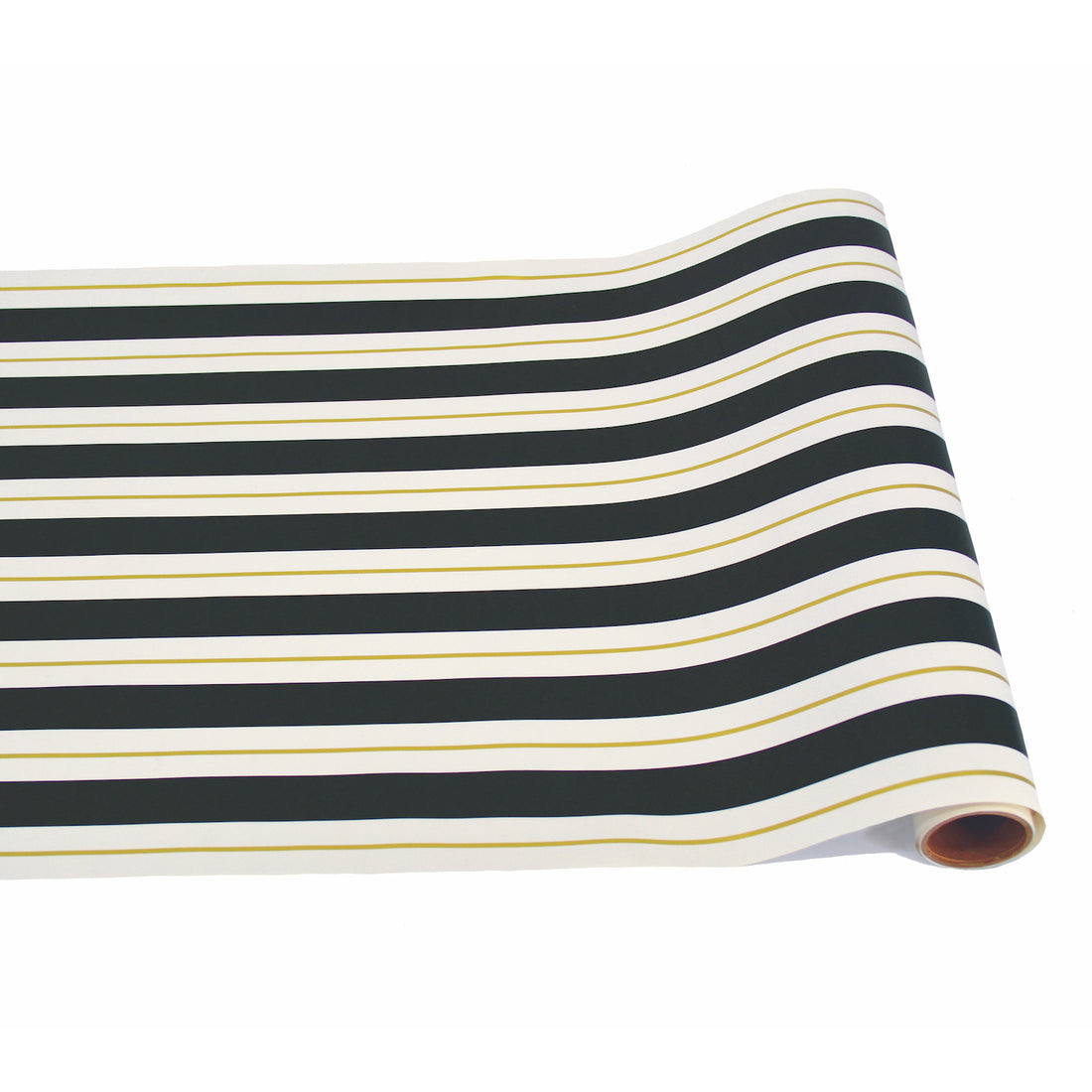 A runner with thick black and white stripes running the length of the roll, with a thin gold line down the middle of each white stripe.