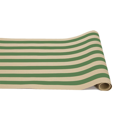 A paper roll with thick dark green and kraft stripes running down the length.