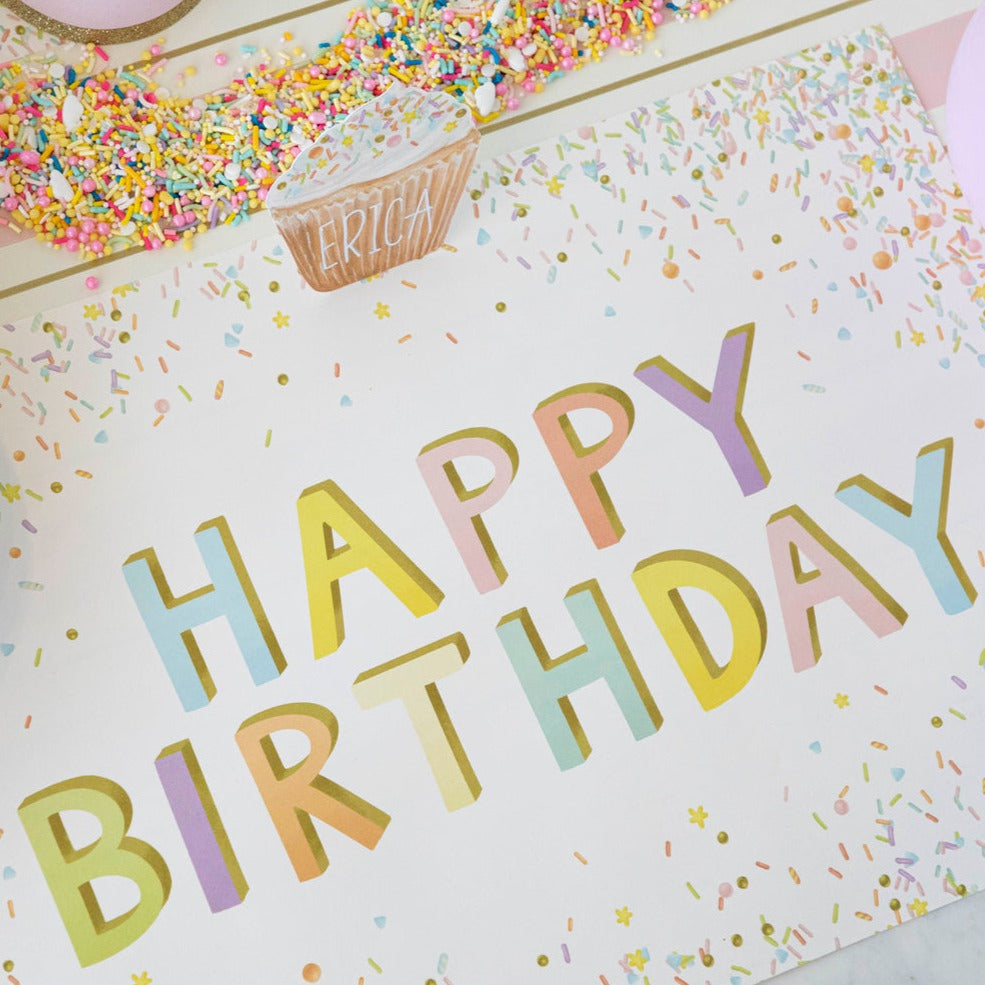 The Happy Birthday Sprinkles Placemat in a festive Birthday place setting.