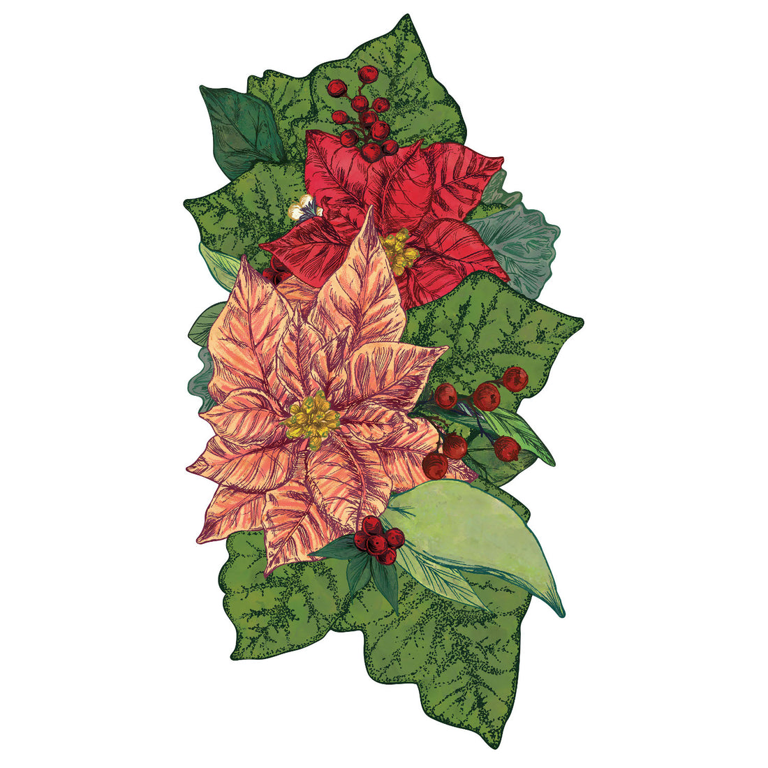 A die-cut Poinsettia Table Accent with an  illustration of pink and red poinsettia blooms with green leaves and red berries.