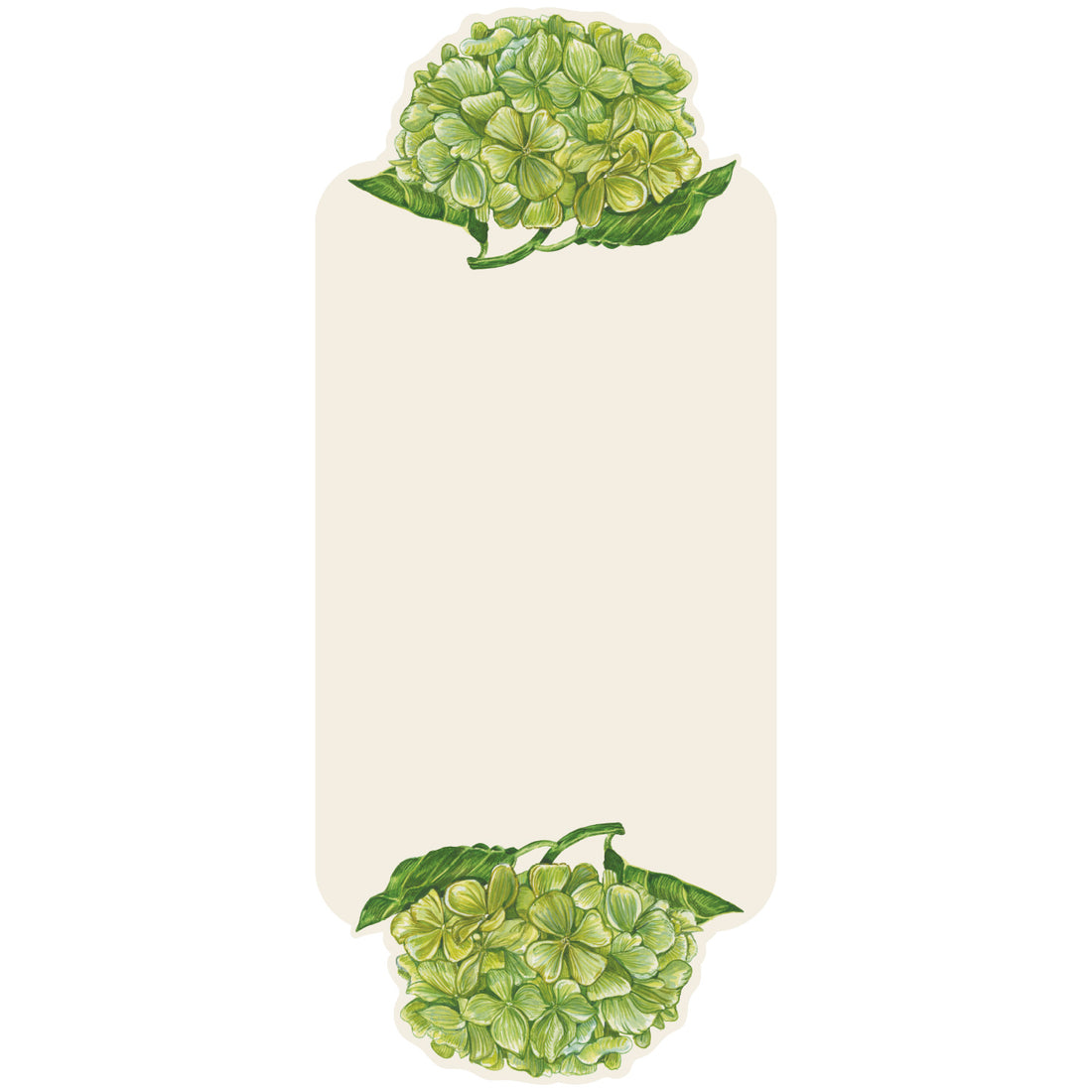 A white, rectangular place card adorned on the top and bottom edges with bright green hydrangea blooms with deep green leaves, leaving an open blank rectangle of space in the middle for personalization.