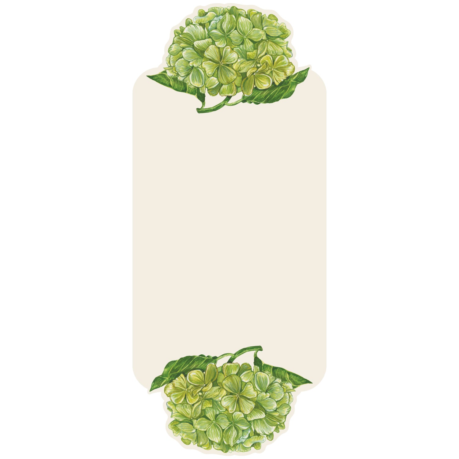 A white, rectangular place card adorned on the top and bottom edges with bright green hydrangea blooms with deep green leaves, leaving an open blank rectangle of space in the middle for personalization.