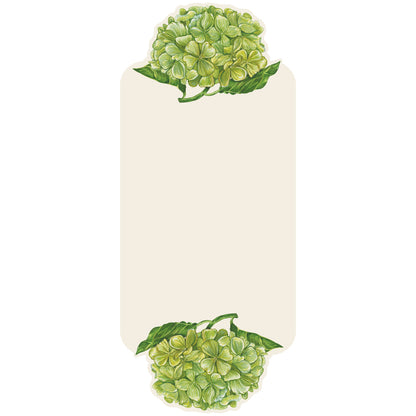A white, rectangular place card adorned on the top and bottom edges with bright green hydrangea blooms with deep green leaves, leaving an open blank rectangle of space in the middle for personalization.