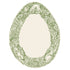 An egg-shaped card framed with a densely packed floral and hare design in green linework, creating an open white space in the middle for personalization.