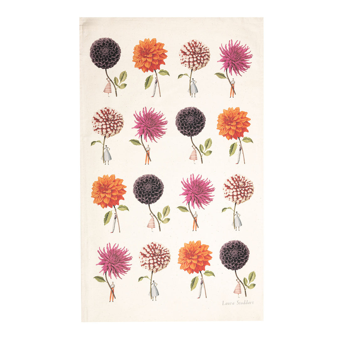 Hester &amp; Cook In Bloom Multi Dahlia Linen Tea Towel, featuring illustrations of small people holding gigantic pink, orange and purple flowers by the stems. 