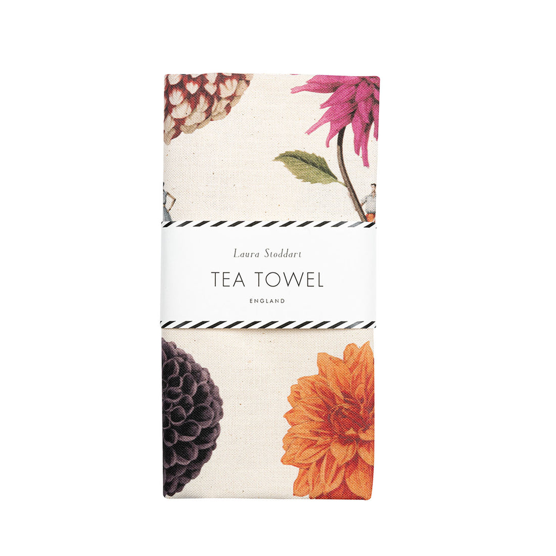 Hester &amp; Cook In Bloom Multi Dahlia Linen Tea Towel in retail packaging, folded neatly and wrapped in a white paper belly band. 