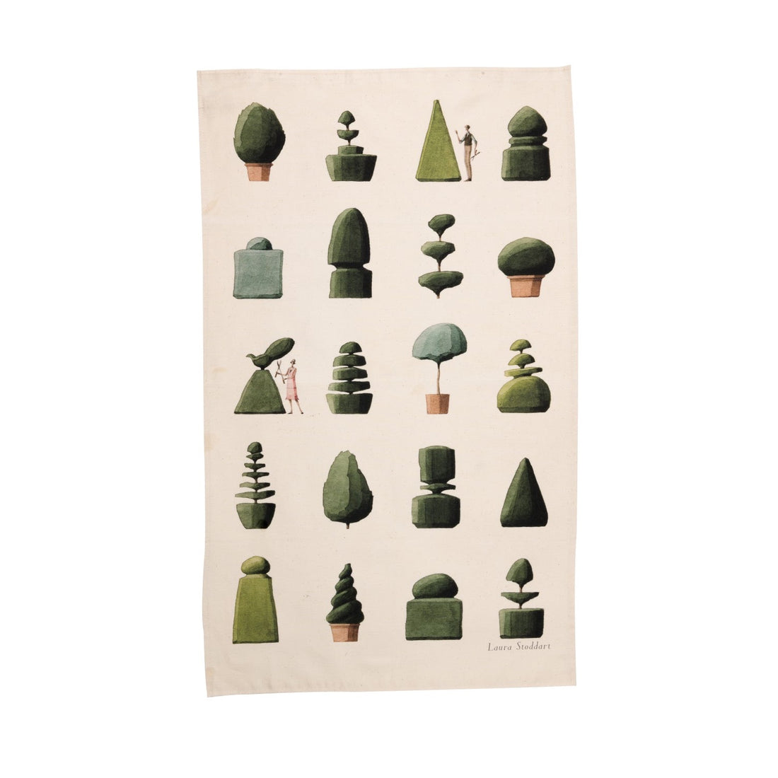 A natural linen tea towel patterned with whimsically illustrated topiary shrubs, with a small woman and man holding clippers among the bushed. 