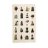 A natural linen tea towel patterned with whimsically illustrated topiary shrubs, with a small woman and man holding clippers among the bushed. 