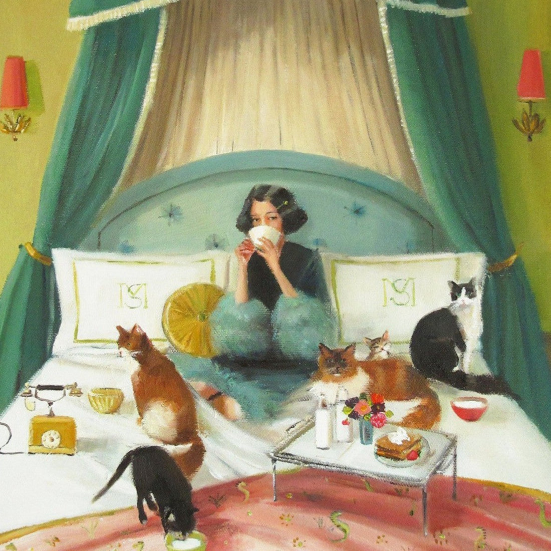 A Mademoiselle Mink Breakfasts in Bed Small Art Print by Janet Hill of a woman sitting on a bed with cats.